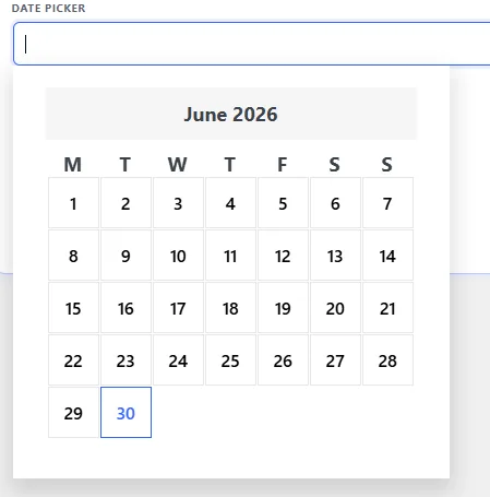 The Pure Fields date picker field in the WordPress editor, with the jQuery UI calendar open on June 2026.