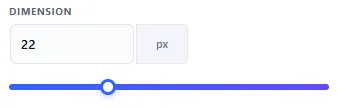 The PureFields dimension field in the WordPress editor: a numeric value of 22 with a px unit selector and a drag slider beneath.