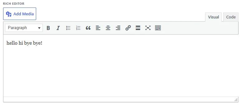 The Pure Fields rich editor field in the WordPress editor, showing the Add Media button, Visual and Code tabs, and the TinyMCE formatting toolbar above a content area.