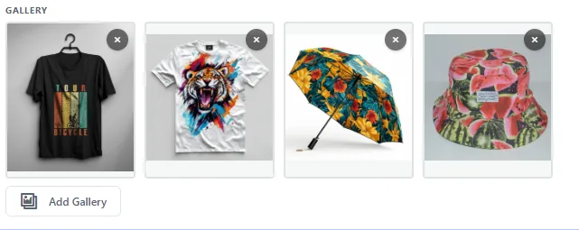 The PureFields gallery field in the WordPress editor: four selected attachments each with a remove button, above an Add Gallery button.