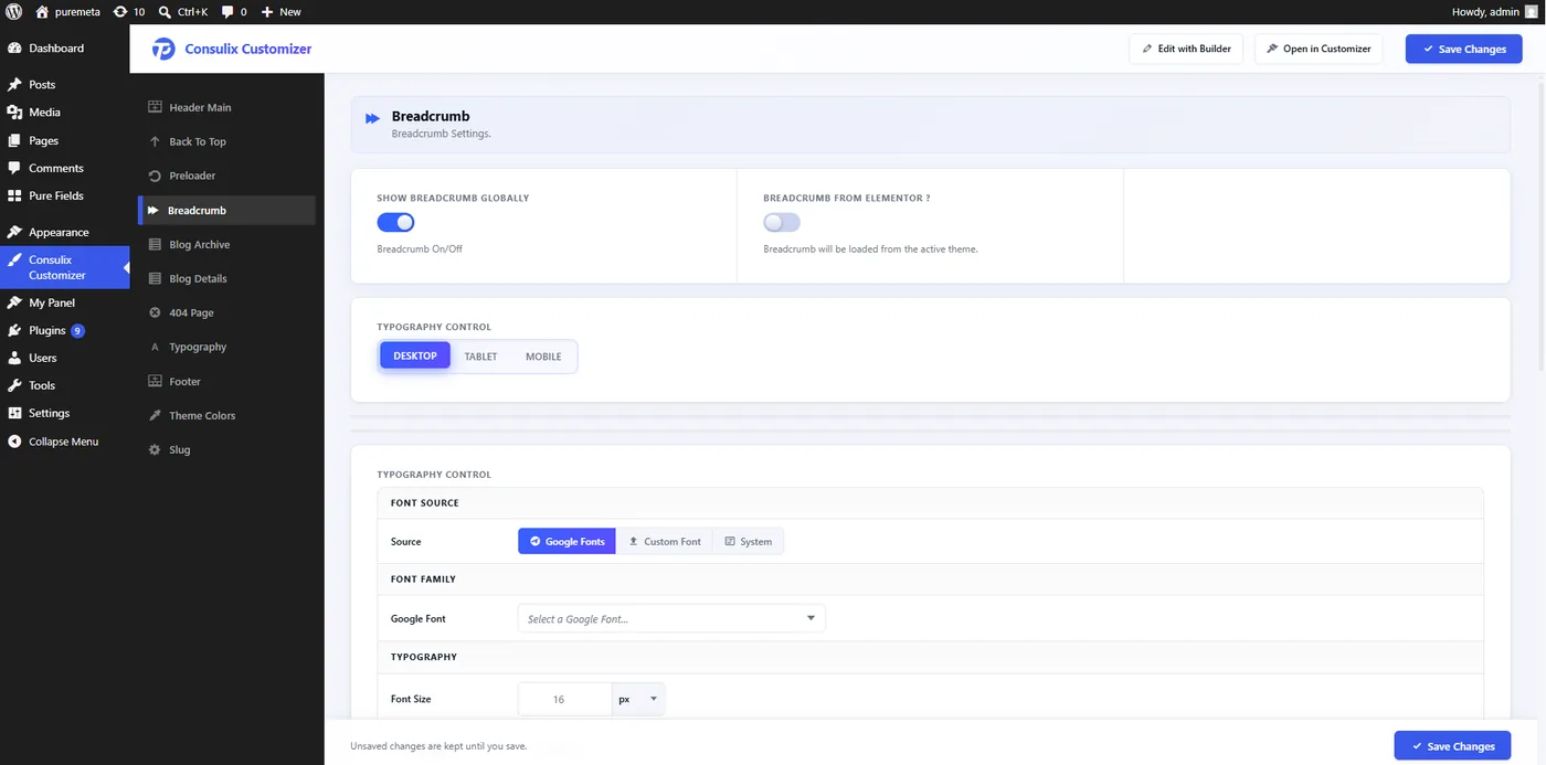 A Pure Fields option panel showing the typography control with desktop, tablet and mobile breakpoint tabs, a Google Font / Custom Font / System source buttonset, font family and font size.