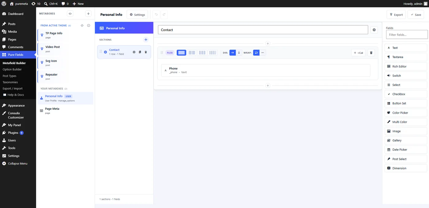 The Metafield Builder in PureFields: saved metaboxes listed on the left, the sections and fields of the selected metabox in the centre, and the full field-type palette on the right.