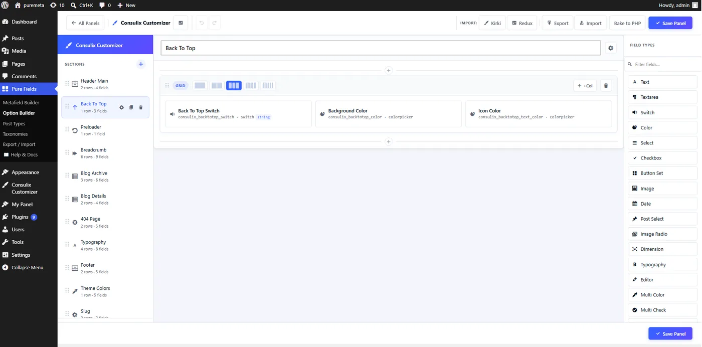 The PureFields Pro Option Builder mid-edit: the section list on the left, a row and column layout in the centre, the field-type palette on the right, and Export, Import and Bake to PHP in the toolbar.