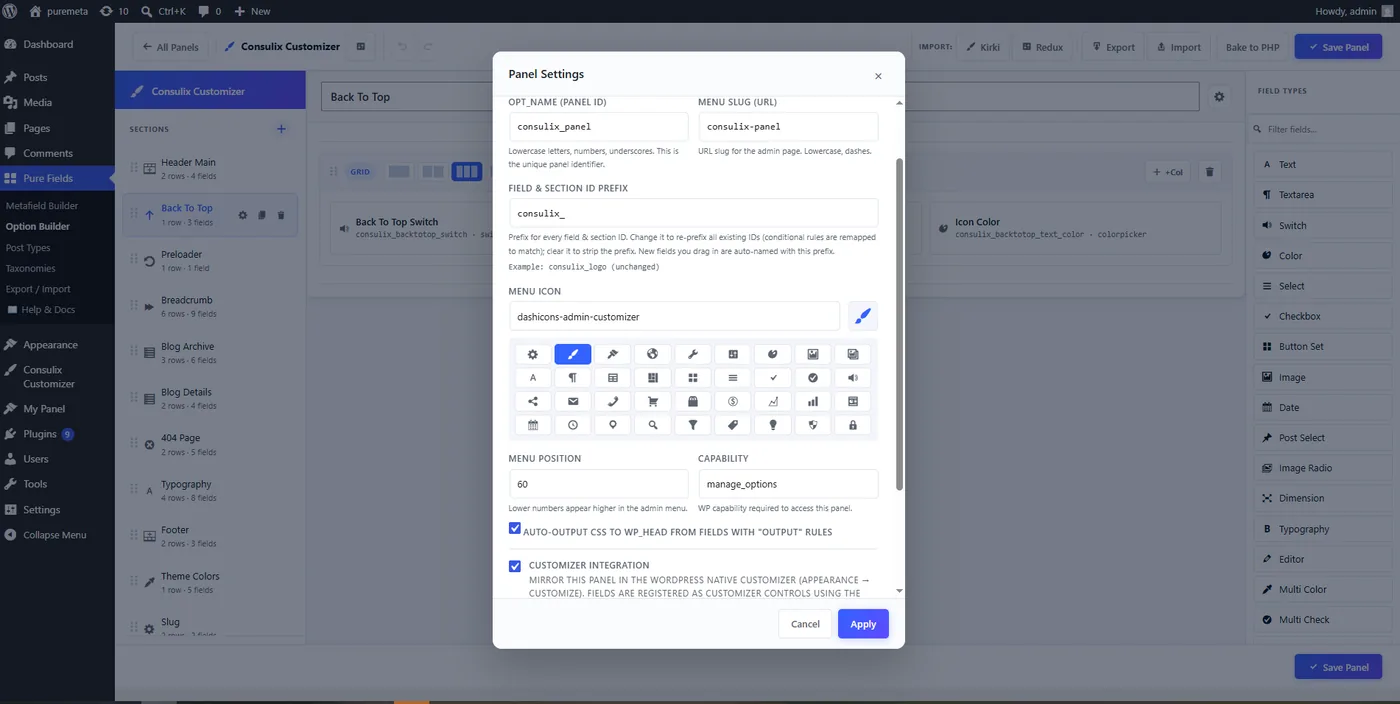 The PureFields Panel Settings dialog, showing the option name, menu slug, dashicon picker, menu position and capability, with checkboxes for auto-output CSS to wp_head and for mirroring the panel in the WordPress Customizer.