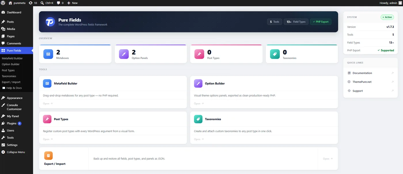 Pure Metafields admin screen: home