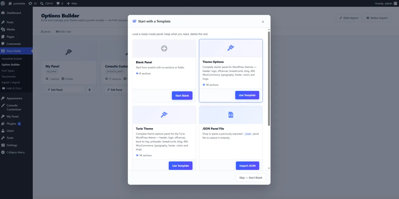 Pure Metafields admin screen: template modal