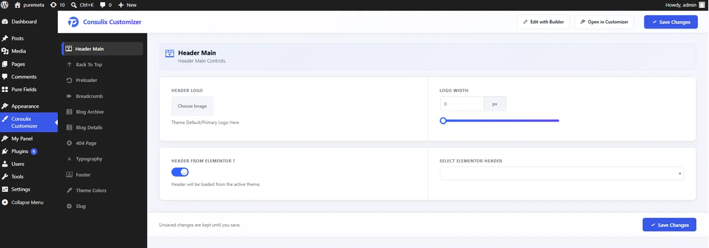The Pure Metafields Option Builder editing the Header Main section, showing the section navigation and option fields