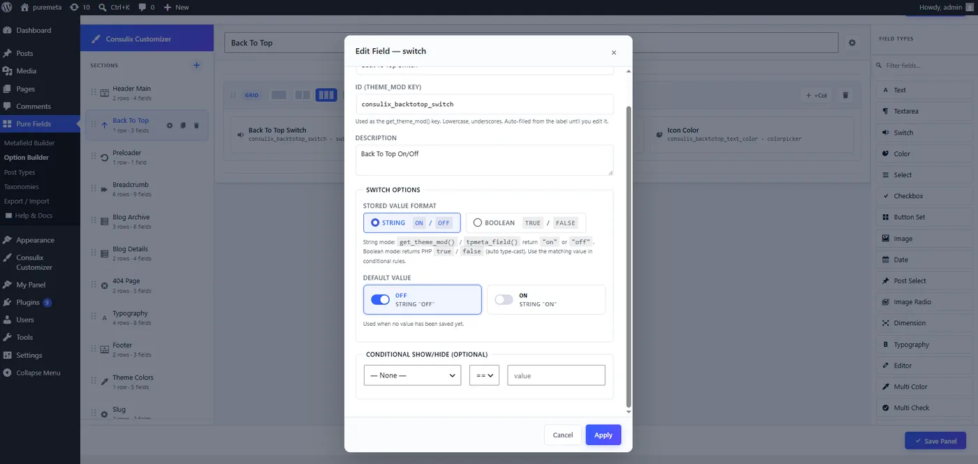 The Pure Metafields Option Builder Edit Field modal for a switch field, showing the ID, description, string or boolean value format, default and conditional rules, with the Field Types palette on the right