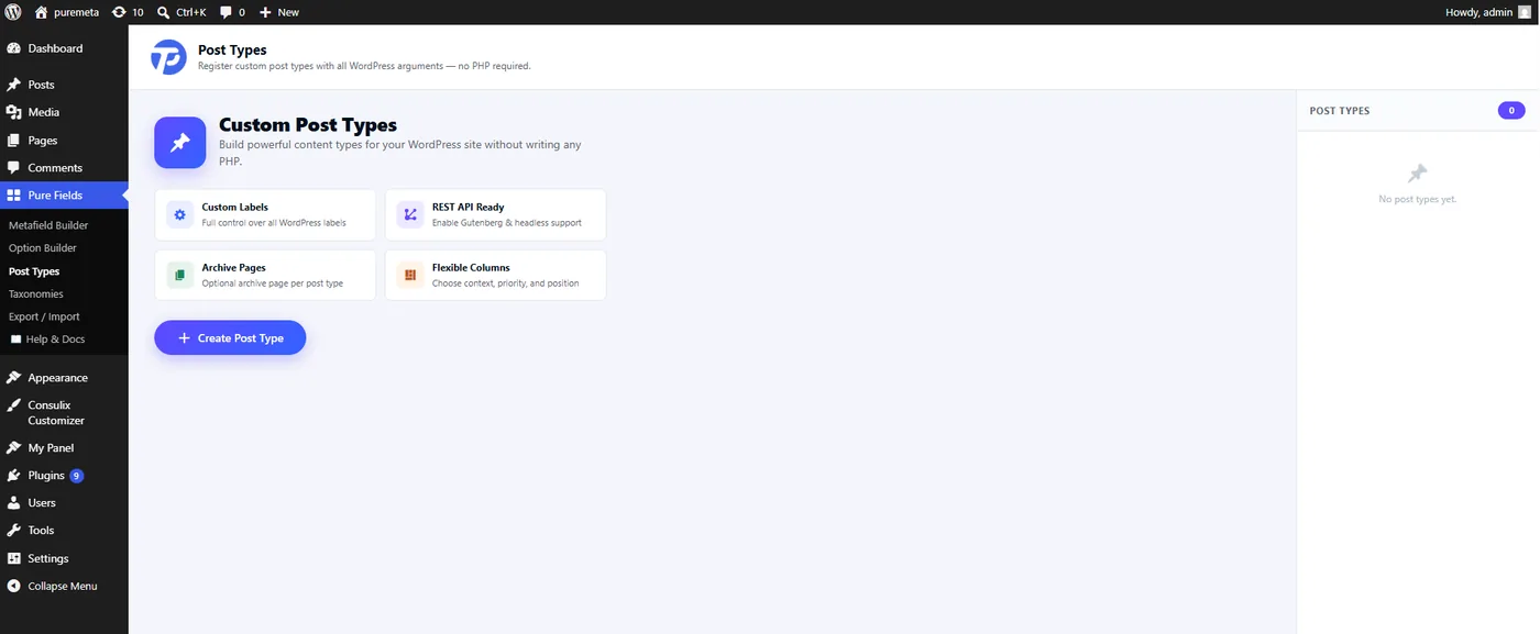 Pure Metafields admin screen: posttype