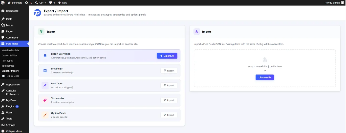 Pure Metafields admin screen: export